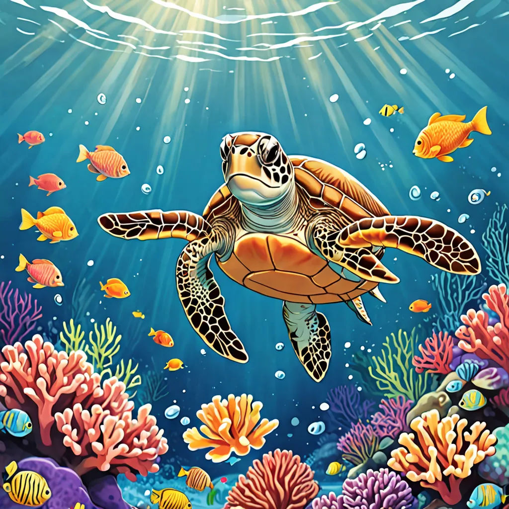 a painting of a turtle swimming in the ocean with corals and fish around it, with sunlight streaming through the water, computer art, a storybook illustration, Chris LaBrooy, highly detailed digital painting