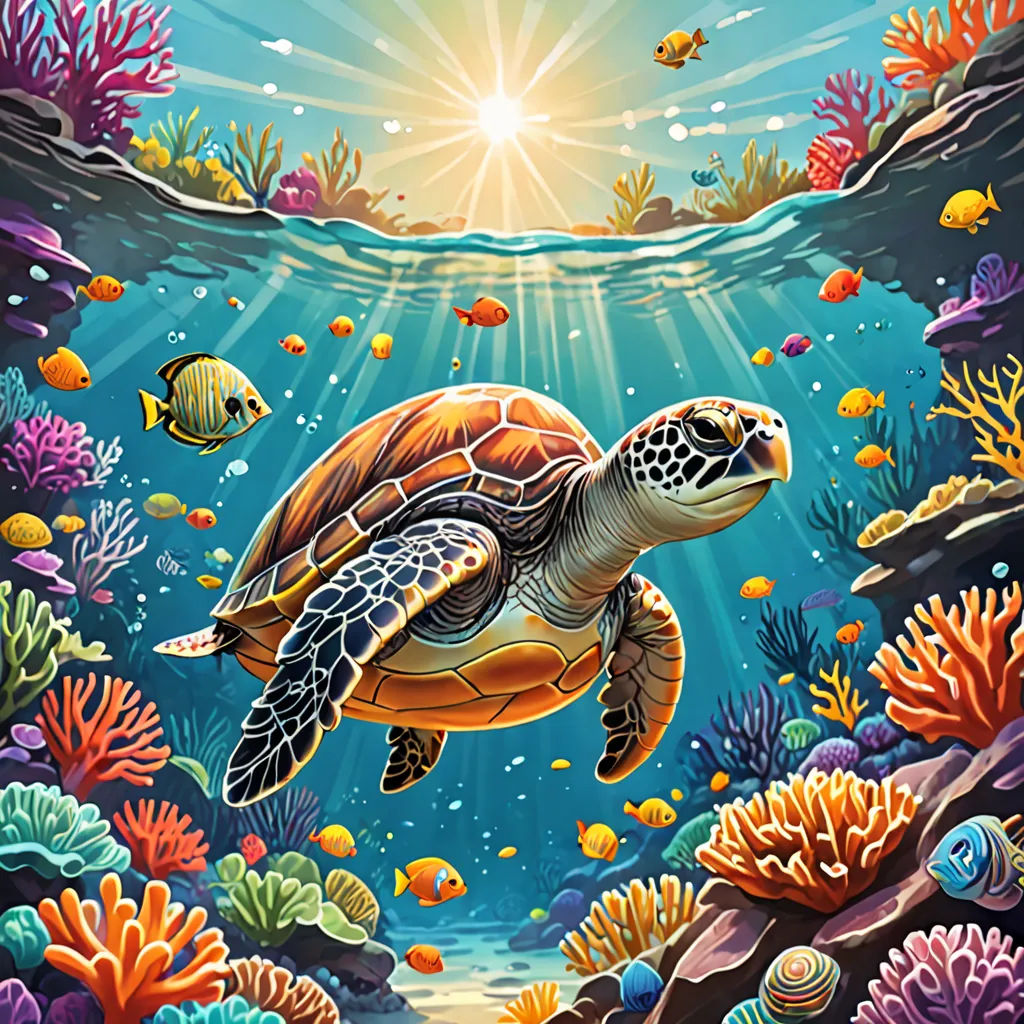 a painting of a turtle swimming in the ocean with corals and fish around it, with sunlight shining through the water, psychedelic art, an airbrush painting, Dan Mumford, highly detailed digital painting