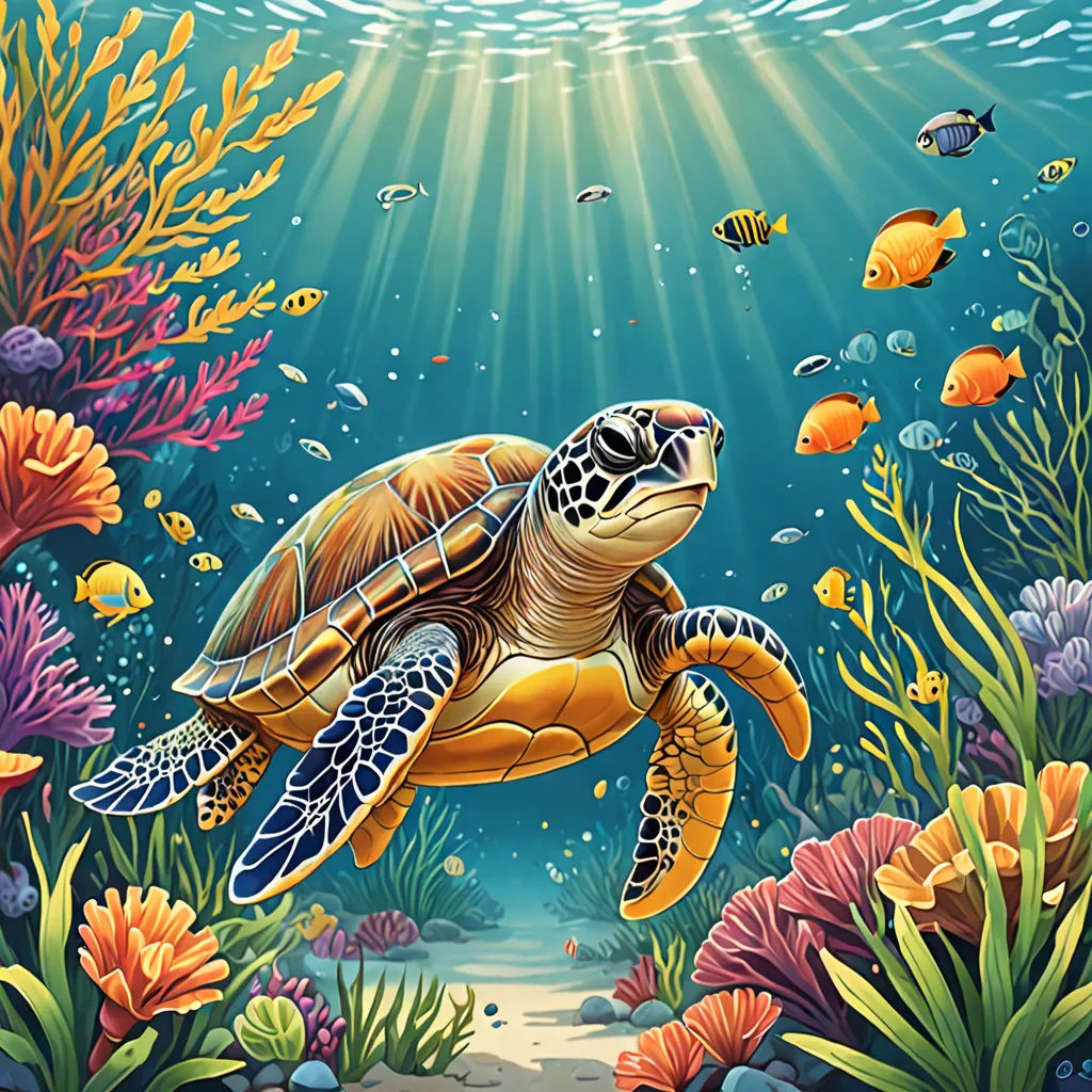 a painting of a turtle swimming in the ocean with corals and fish around it, with sunlight streaming through the water, fantasy art, a storybook illustration, Dan Mumford, highly detailed digital painting
