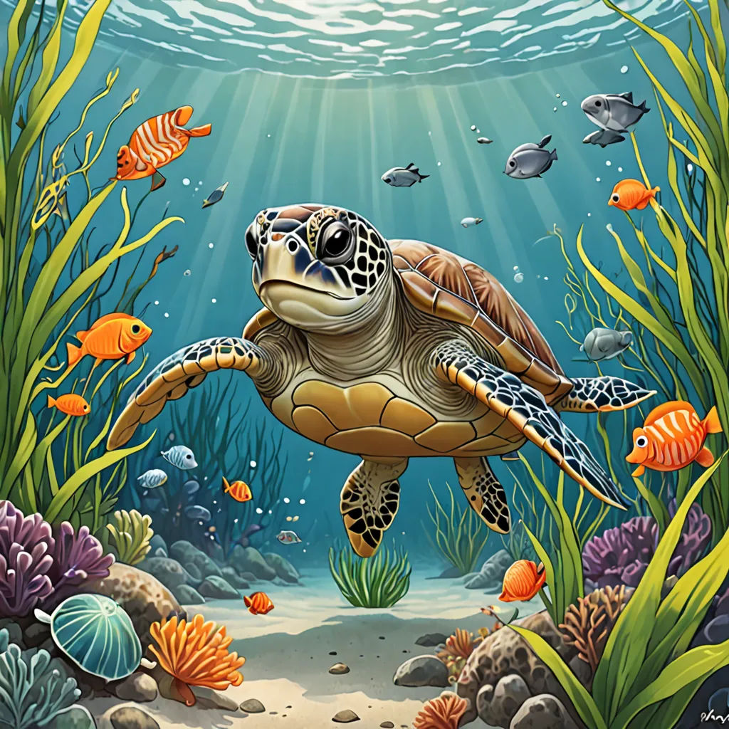 a painting of a turtle swimming in the ocean with fish around it and under the water's surface, fantasy art, a storybook illustration, Dan Mumford, highly detailed digital painting
