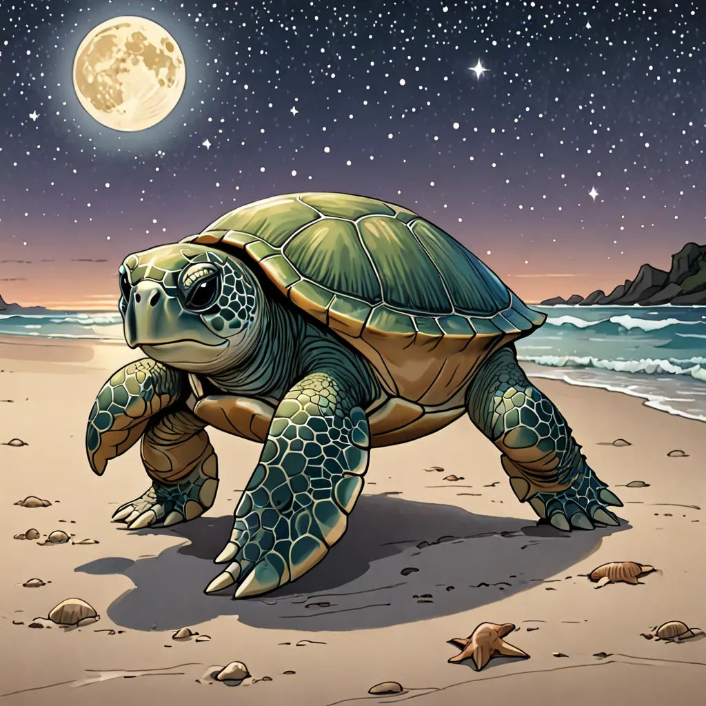 a turtle on a beach under a full moon and stars in the sky with the moon in the background, fantasy art, a storybook illustration, Dan Mumford, josan gonzales and dan mumford