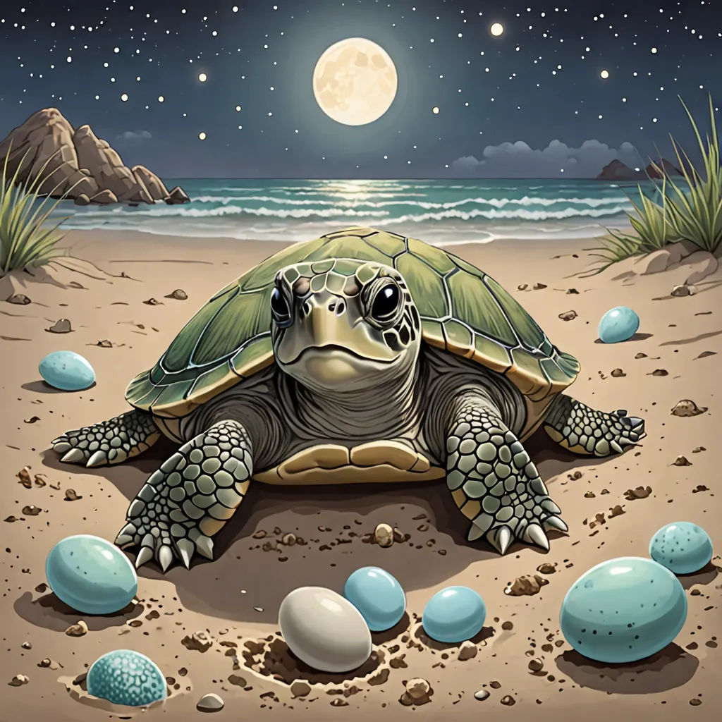a turtle is sitting on the sand with eggs around it and a full moon in the background with stars and clouds, fantasy art, a storybook illustration, Chris LaBrooy, highly detailed digital painting