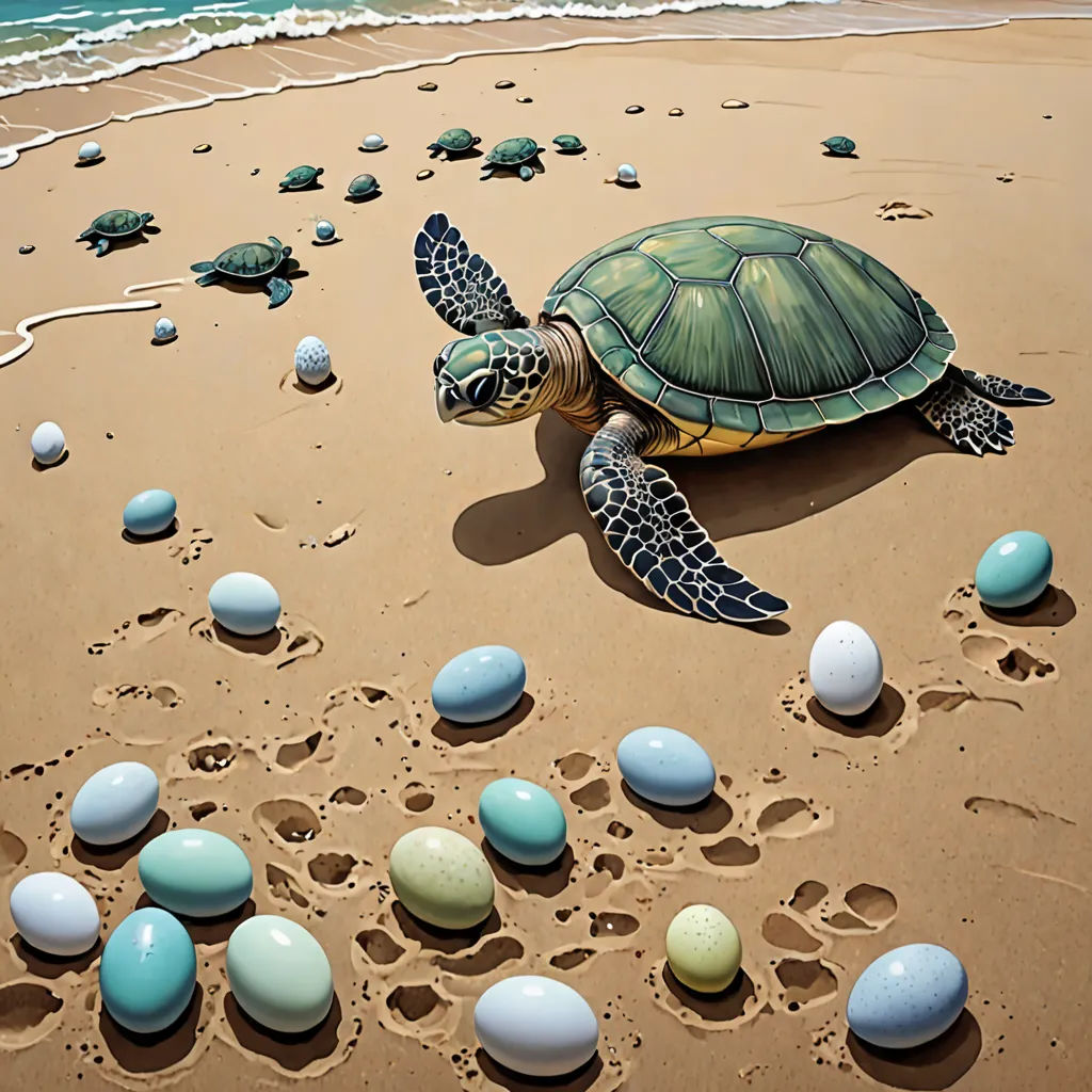 a turtle is laying on the beach with eggs around it and eggs around it on the sand and water, metaphysical painting, a detailed painting, Alex Horley-Orlandelli, highly detailed digital painting