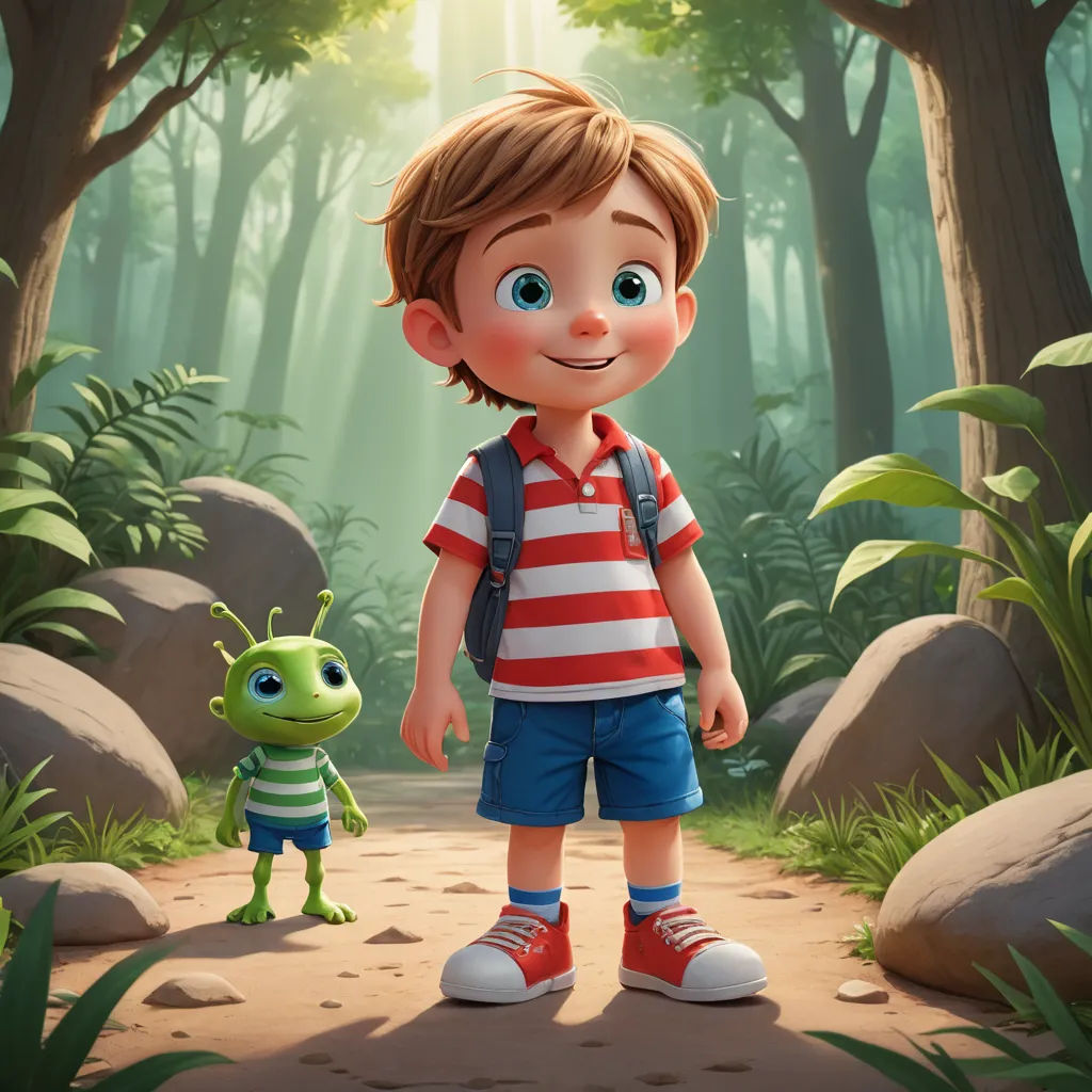 a boy and a frog are standing in the woods together, with a forest background and sunlight coming through the trees, sots art, a storybook illustration, Cliff Childs, rossdraws global illumination