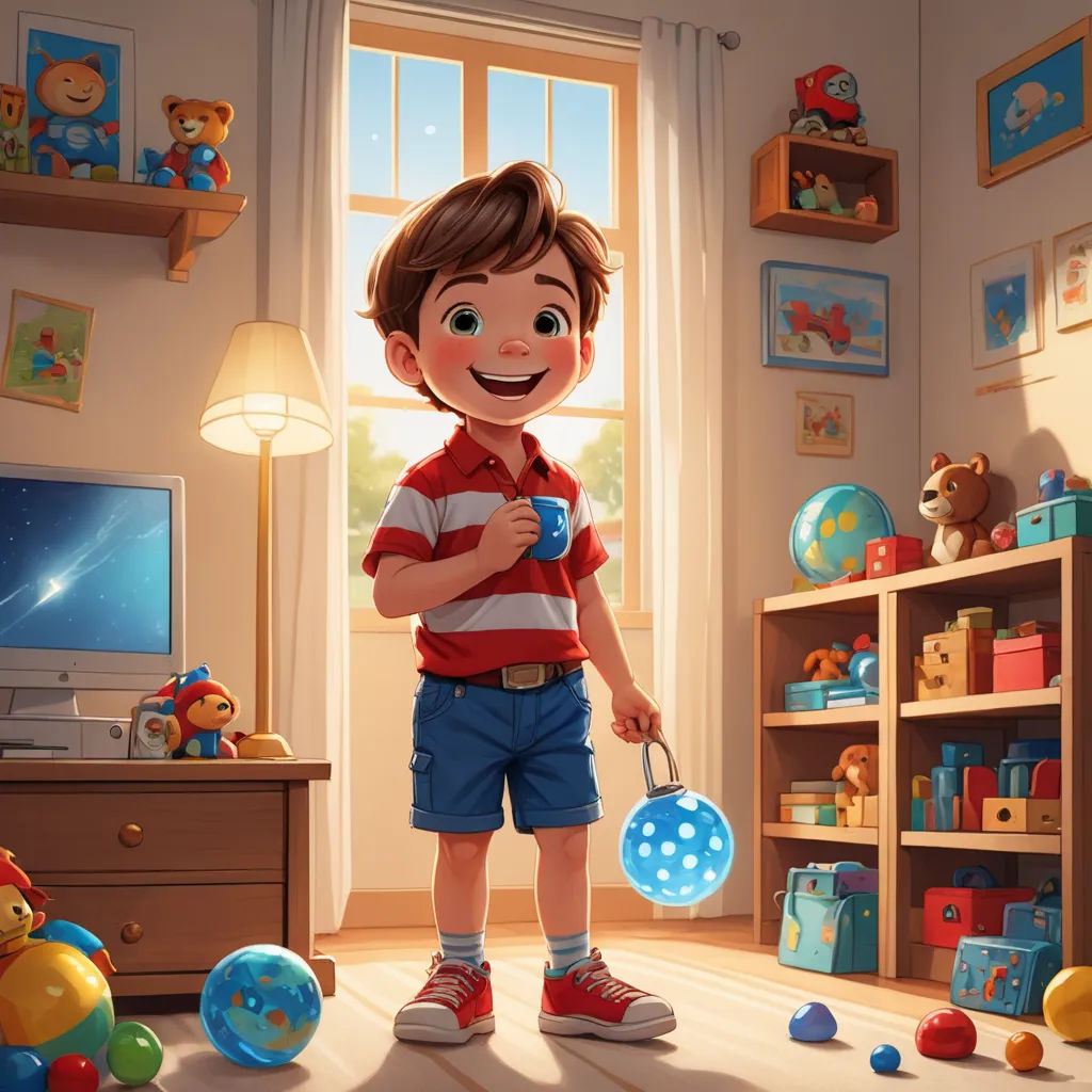 a boy holding a blue ball in a room with toys and a window in the background with a teddy bear, photorealism, a storybook illustration, Diego Gisbert Llorens, rossdraws global illumination