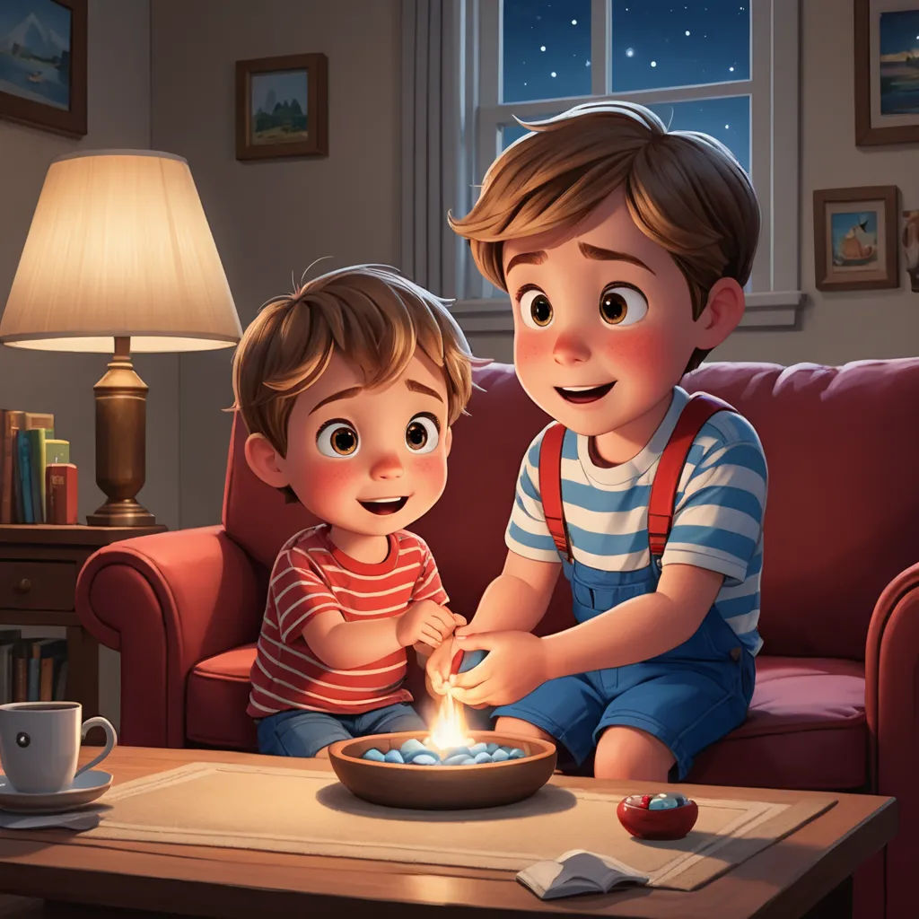 a boy and a girl sitting on a couch in front of a bowl of food with a lit candle, sots art, a storybook illustration, Diego Gisbert Llorens, pixar style