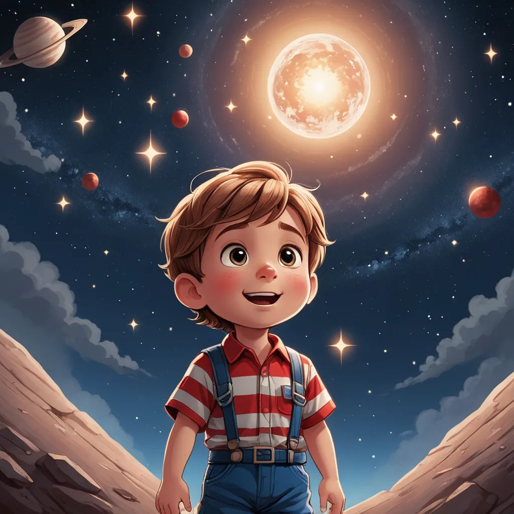 a boy standing in the middle of a desert with planets in the background and a bright sun above him, space art, a storybook illustration, Diego Gisbert Llorens, storybook illustration