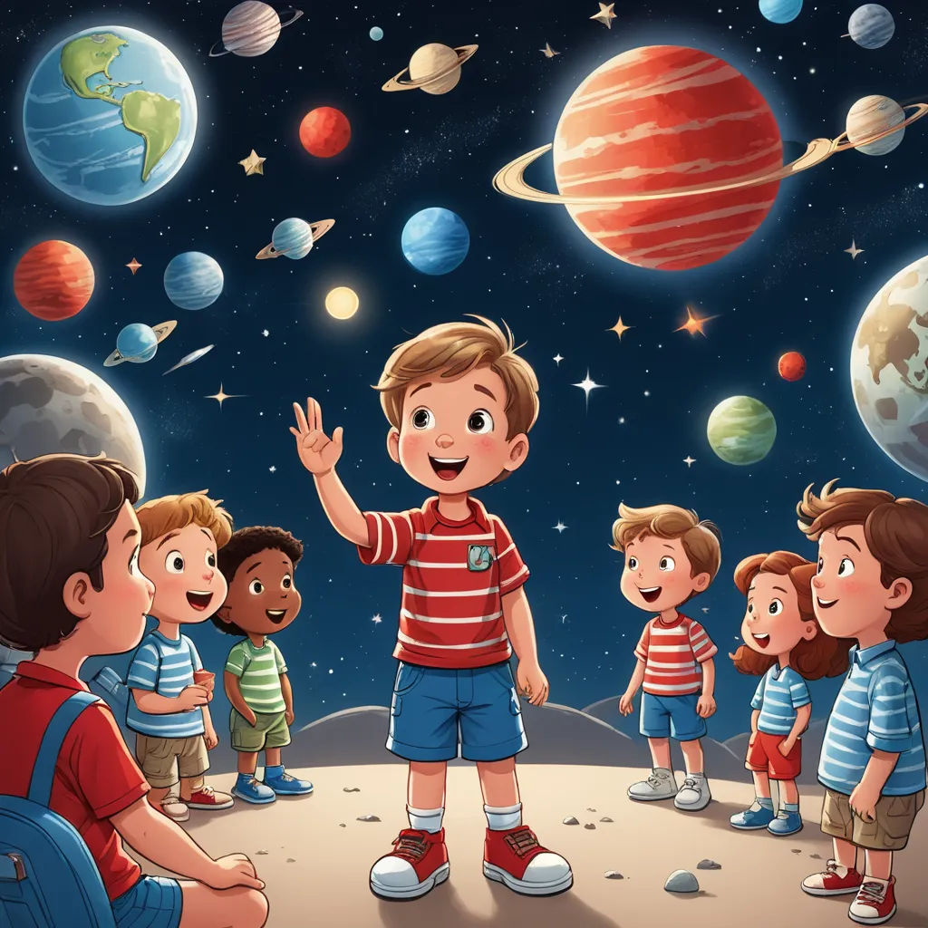 a group of children standing around a space station with planets in the background and a boy pointing at them, space art, a storybook illustration, Diego Gisbert Llorens, storybook illustration