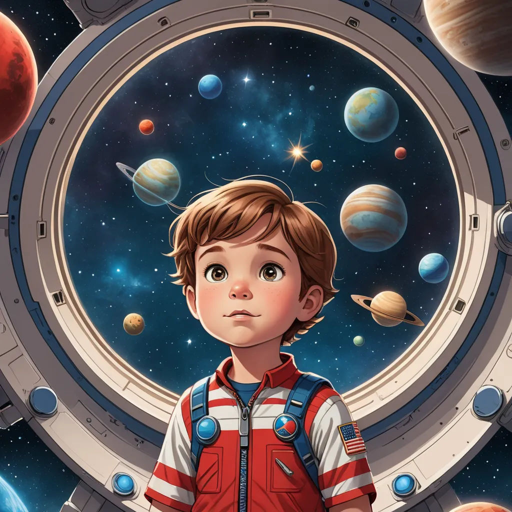 a boy in a space suit standing in front of a window with planets around him and a red and white shirt, space art, a storybook illustration, Aaron Jasinski, highly detailed digital painting