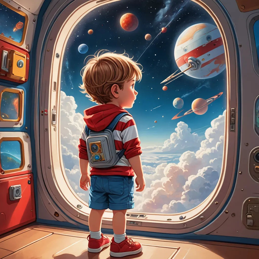 a little boy looking out of a window at the planets in the sky and the sun in the sky, space art, a storybook illustration, Chris LaBrooy, highly detailed digital painting