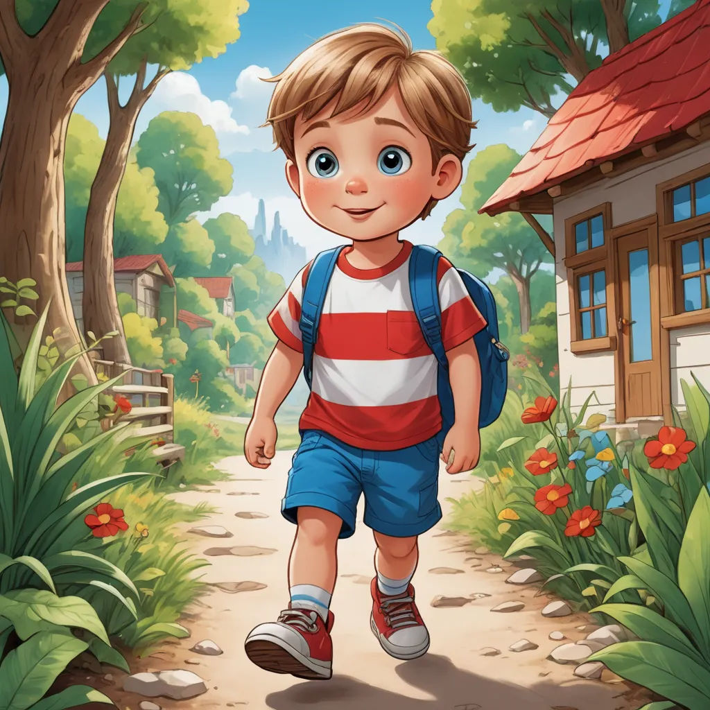a boy walking down a path in the woods with a backpack on his back and a house in the background, american scene painting, a storybook illustration, Aaron Jasinski, storybook illustration
