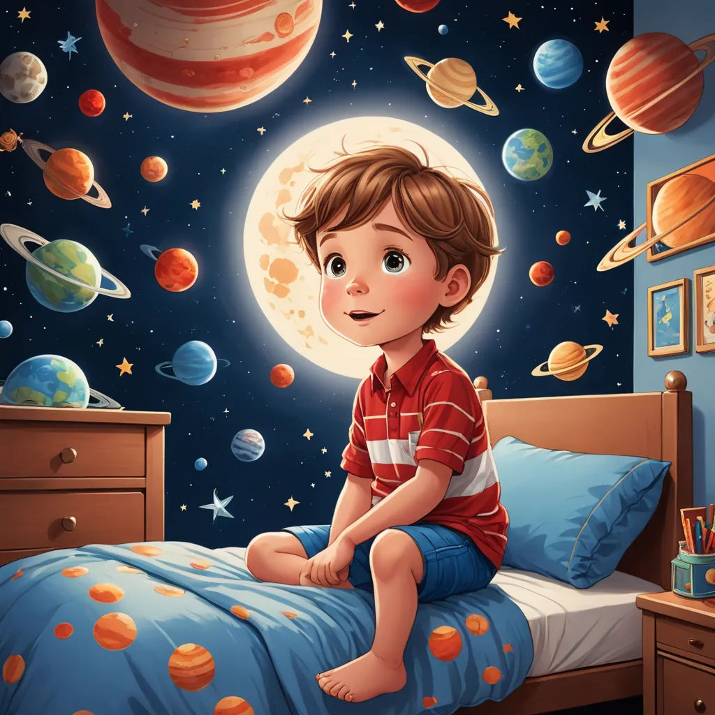 a boy sitting on a bed in a room with planets and stars on the wall behind him and a bed with a blue bedspread and a red shirt on, space art, a storybook illustration, Aaron Jasinski, sense of awe