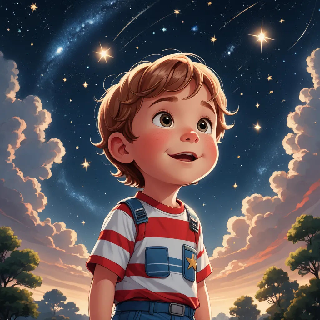 a boy in a red and white shirt and blue shorts standing in front of a night sky with stars, space art, a storybook illustration, Aaron Jasinski, rossdraws global illumination