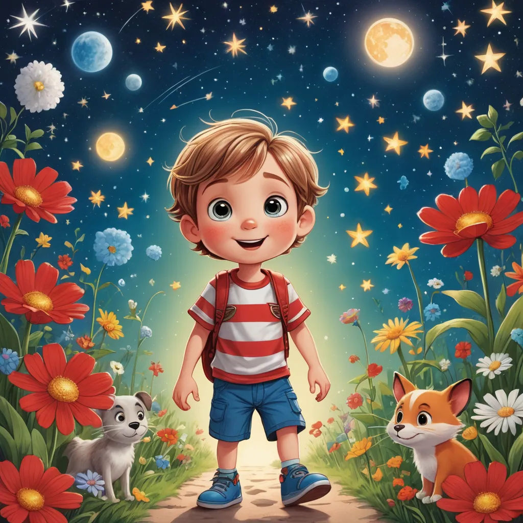 a boy standing in a field of flowers and a dog looking at the stars and the moon in the sky, space art, a storybook illustration, Aaron Jasinski, promotional image