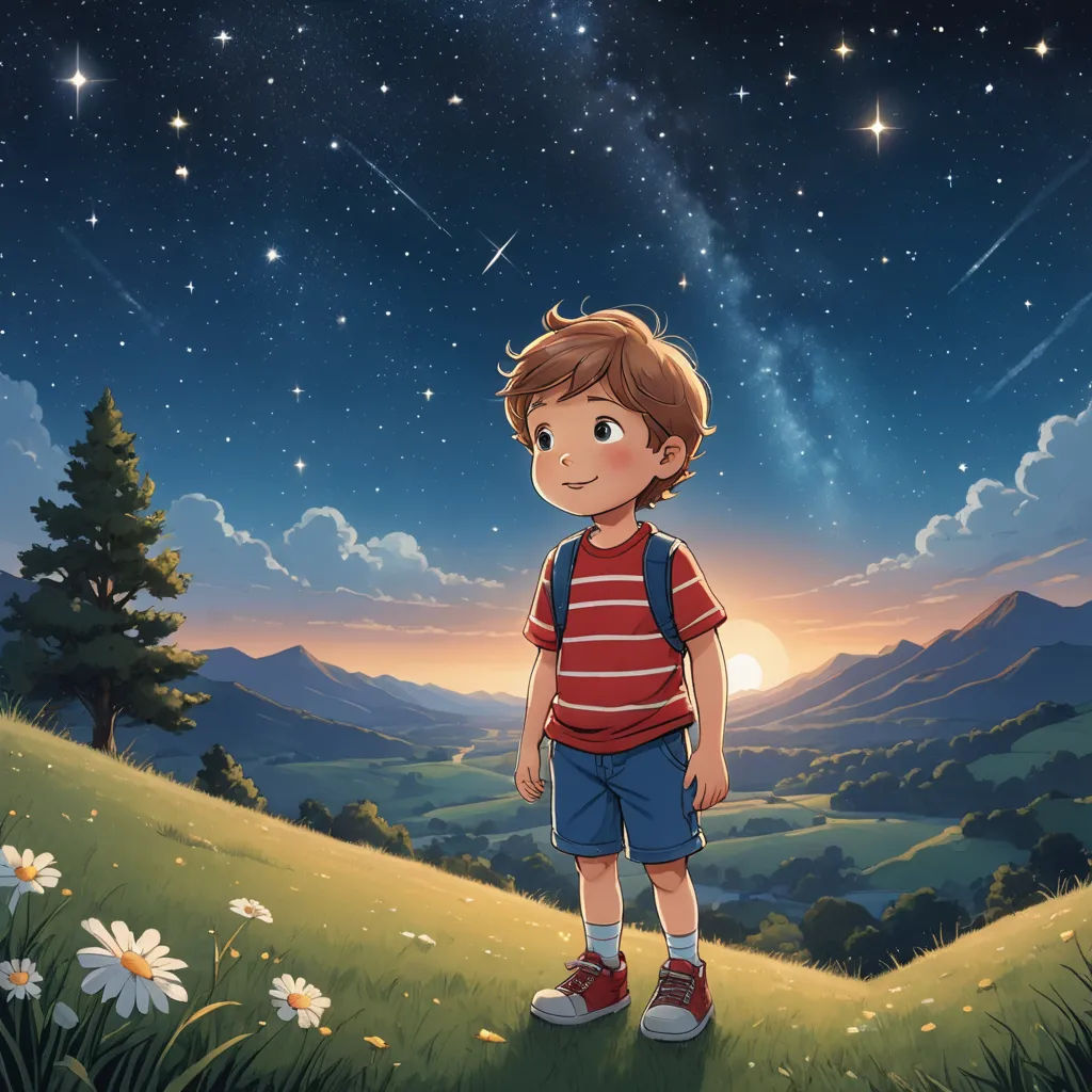 a boy standing in a field with a sky full of stars in the background and a field of flowers, space art, a storybook illustration, Diego Gisbert Llorens, promotional image