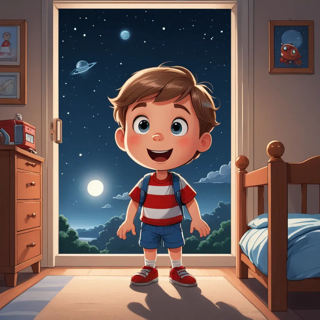 a cartoon boy standing in a bedroom with a night sky background and stars in the sky behind him, with a bed and dresser, space art, a storybook illustration, Diego Gisbert Llorens, storybook illustration