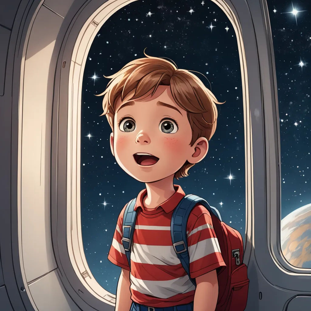 a boy looking out of an airplane window at the earth below him and a space shuttle in the background, space art, a storybook illustration, Cliff Childs, rossdraws global illumination