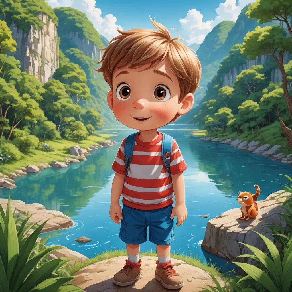 a boy standing on a rock near a river and a forest with a dog in the background illustration by alex krawc, sots art, a storybook illustration, Diego Gisbert Llorens, rossdraws global illumination