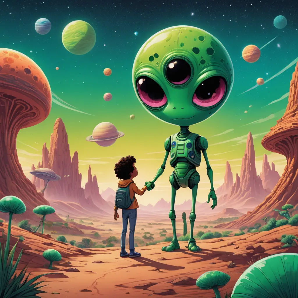 a boy and a alien holding hands in a desert landscape with planets in the background and a green alien standing next to him, space art, a storybook illustration, Chris LaBrooy, josan gonzales and dan mumford