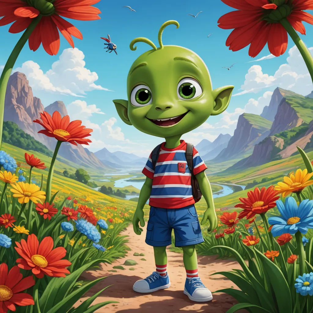 a cartoon character standing in a field of flowers with a butterfly flying overhead in the background of a painting, space art, a detailed matte painting, Chris LaBrooy, promotional image