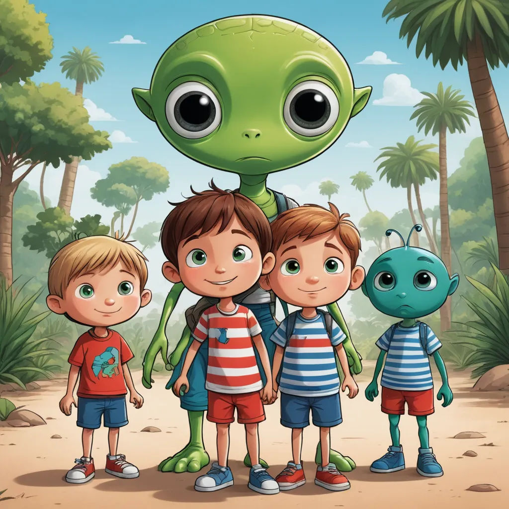 a group of children standing in front of a green alien with two eyes on it's head and two other children standing behind him, space art, a storybook illustration, Diego Gisbert Llorens, storybook illustration