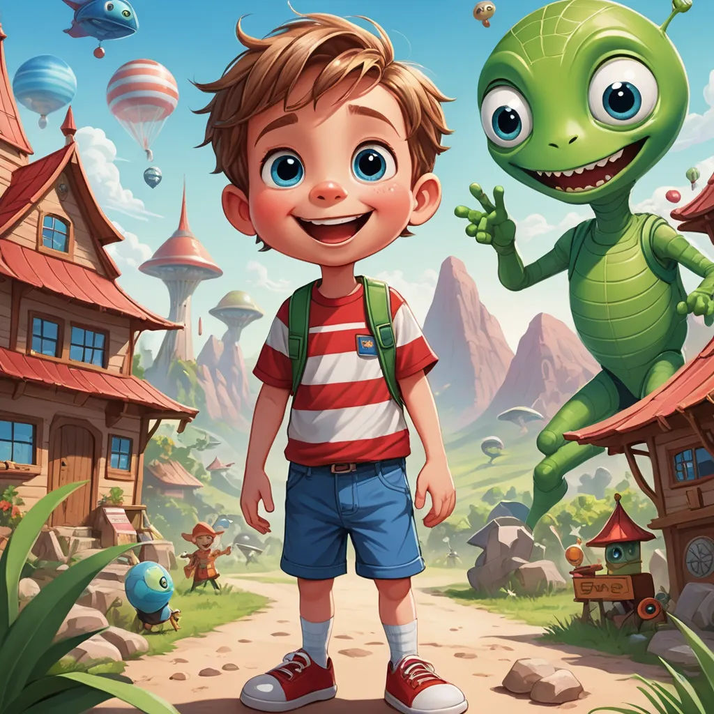 a boy standing in front of a cartoon alien and a house with a lizard on it's back, fantasy art, a storybook illustration, Chris LaBrooy, 2 d game art
