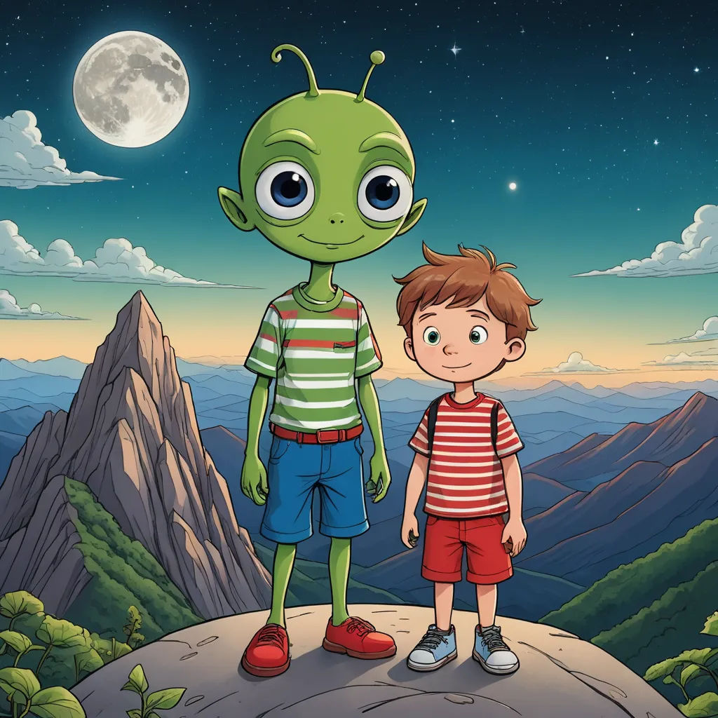 a boy and a alien standing on a cliff looking at the moon in the sky above them illustration by john wyee, space art, a storybook illustration, Andries Stock, promotional image