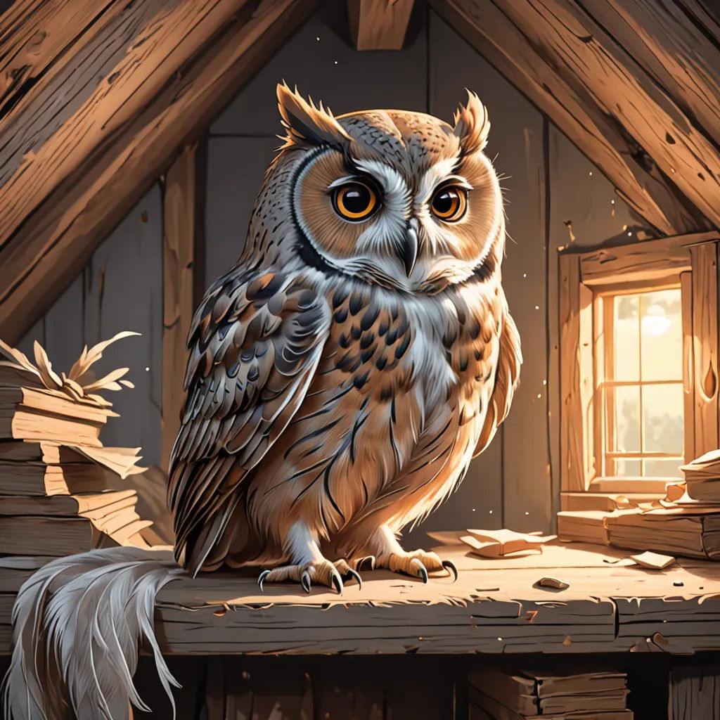 a painting of an owl sitting on a table in a cabin with a window and a bird on the ledge, fantasy art, a storybook illustration, Chris LaBrooy, storybook illustration