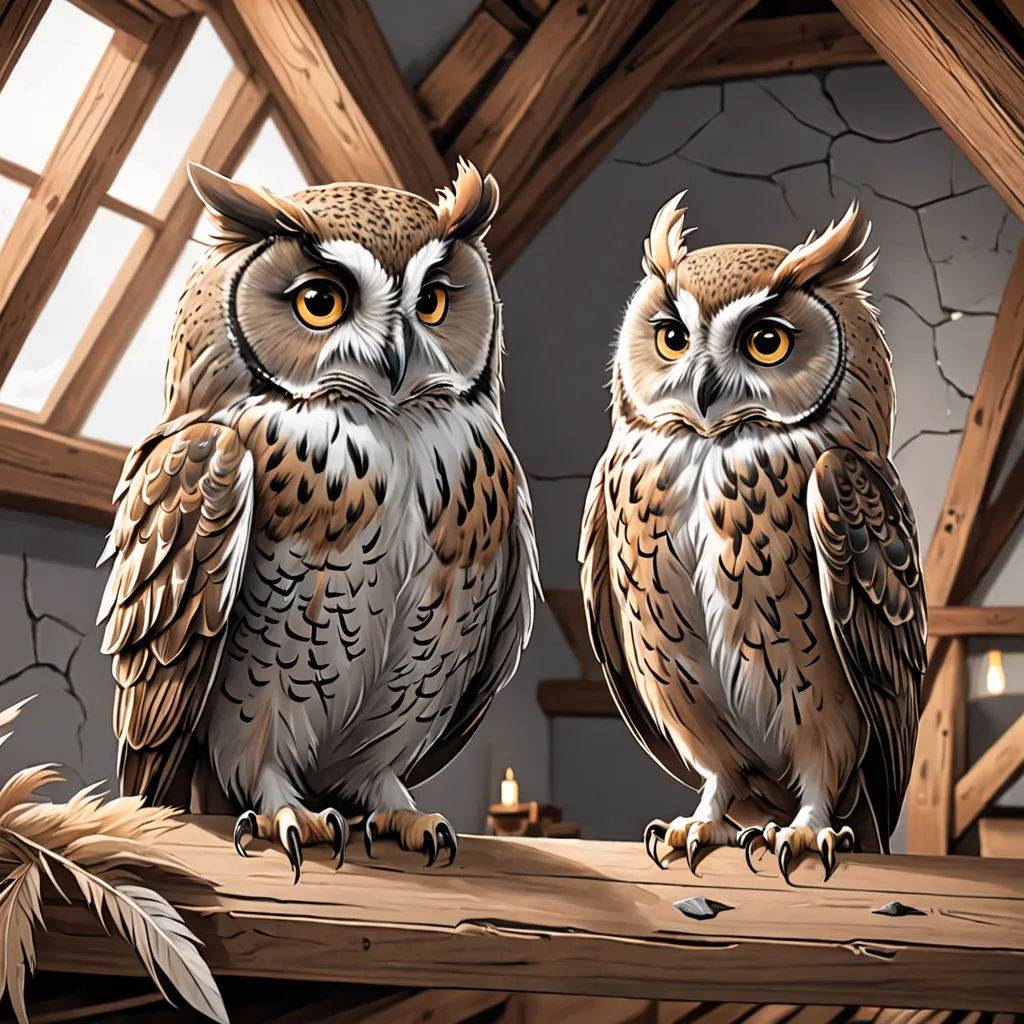 two owls sitting on a wooden beam in a room with exposed ceiling and windows, one of them has yellow eyes, fantasy art, a storybook illustration, Dan Mumford, highly detailed digital painting