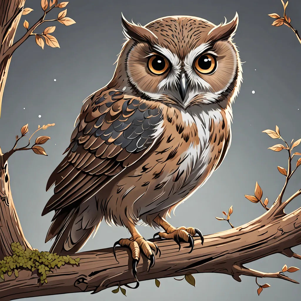 a drawing of an owl sitting on a branch with leaves around it's eyes and a moon in the background, fantasy art, a digital painting, Dan Mumford, highly detailed digital painting