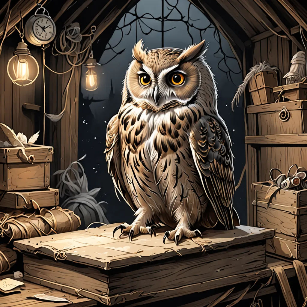 a painting of an owl sitting on a table in a room with a clock and other items around it, fantasy art, a storybook illustration, Dan Mumford, rossdraws global illumination