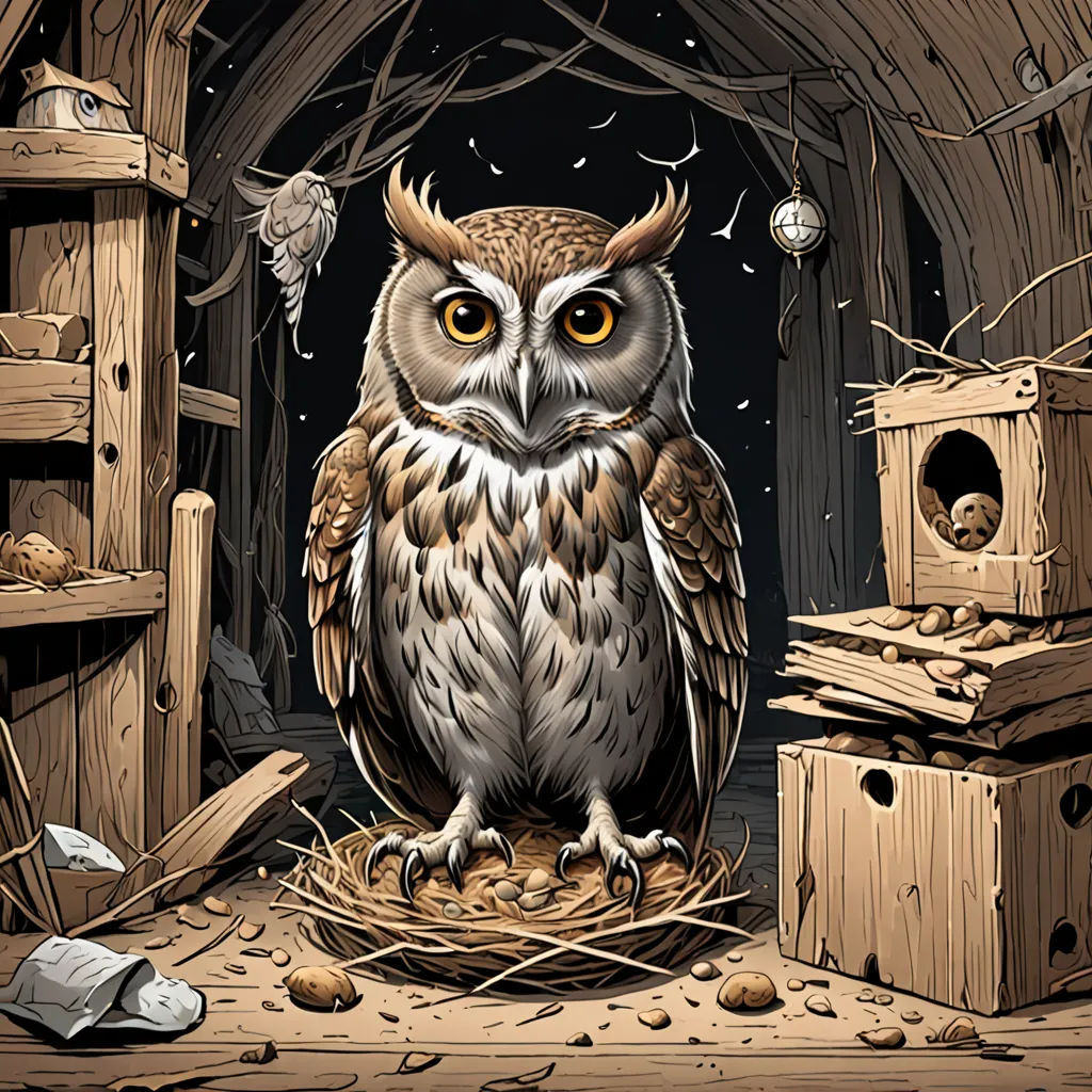 a drawing of an owl sitting on a nest in a barn with a full moon in the background and a birdhouse in the foreground, fantasy art, a storybook illustration, Dan Mumford, highly detailed digital art