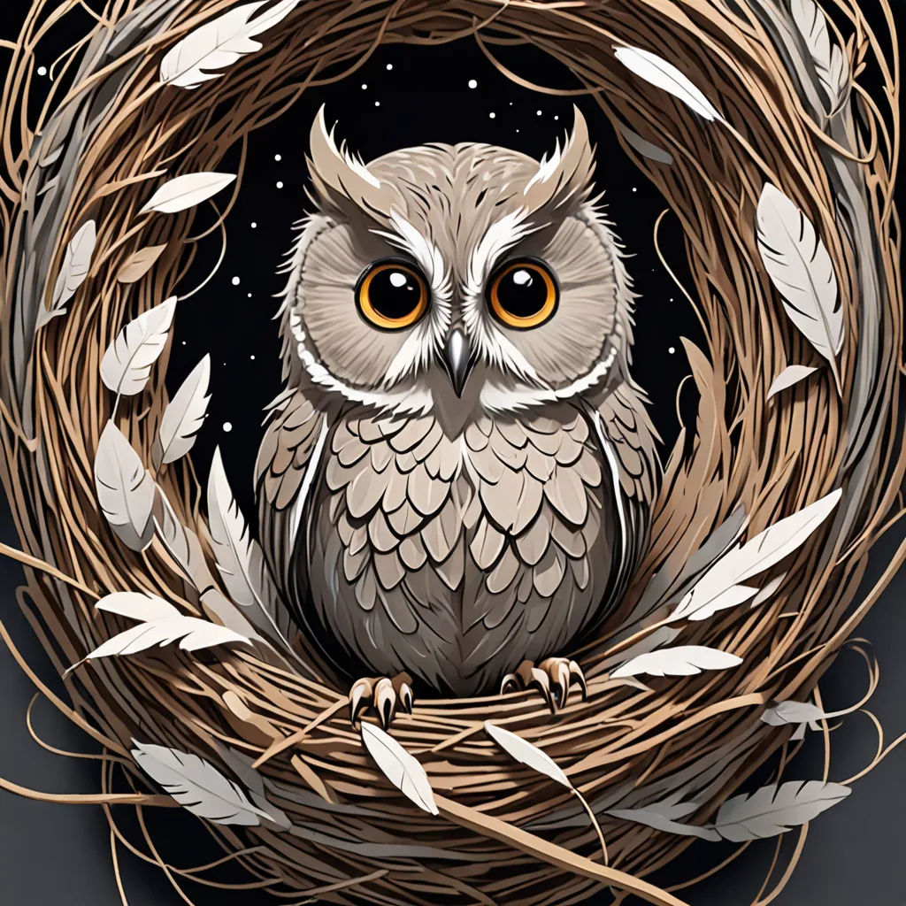 an owl sitting in a nest with leaves around it's neck and eyes open, with a black background, fantasy art, a storybook illustration, Dan Mumford, highly detailed digital painting