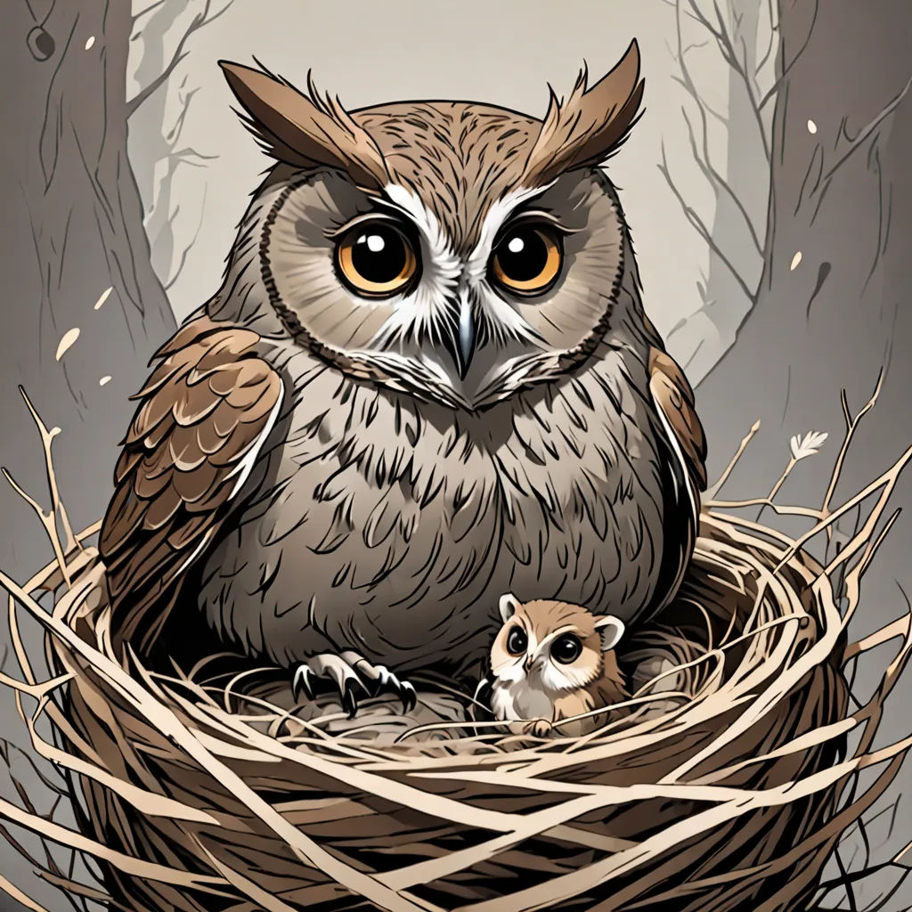 a bird and its baby sitting in a nest in the woods with trees in the background and a full moon in the sky, fantasy art, a storybook illustration, Dan Mumford, storybook illustration