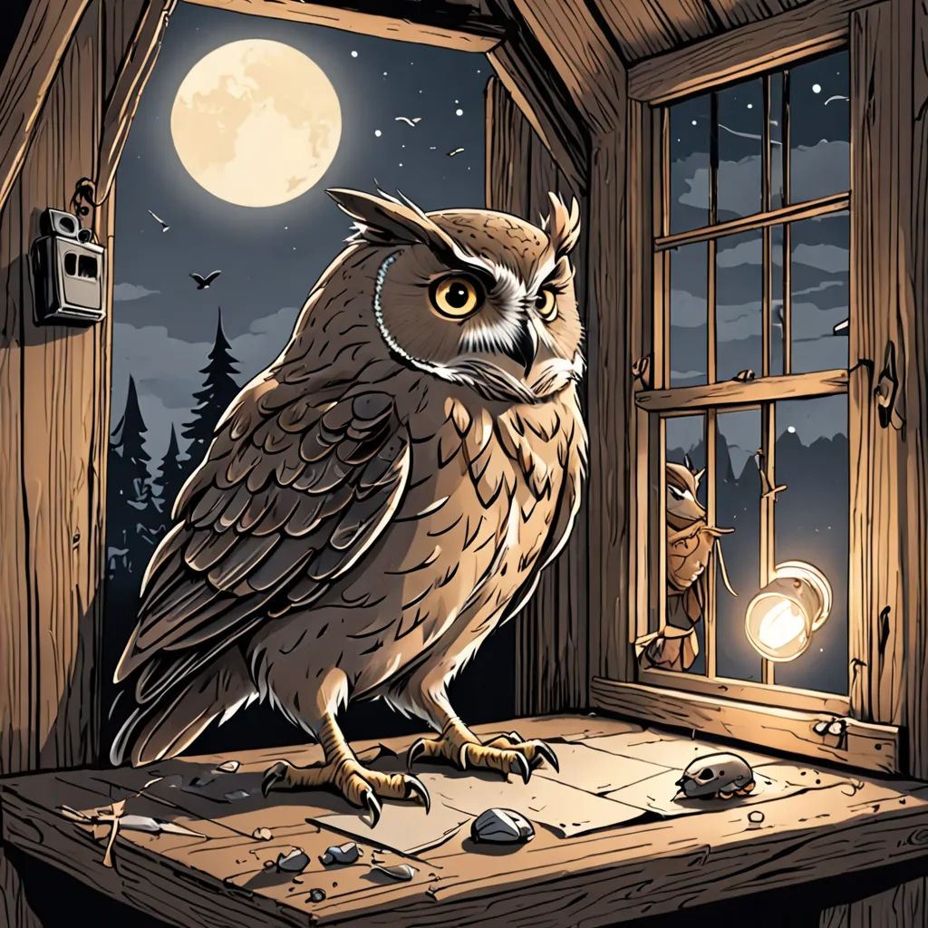 an owl sitting on a window sill looking out at the night sky and a full moon in the background, sots art, a storybook illustration, Dan Mumford, detailed illustration