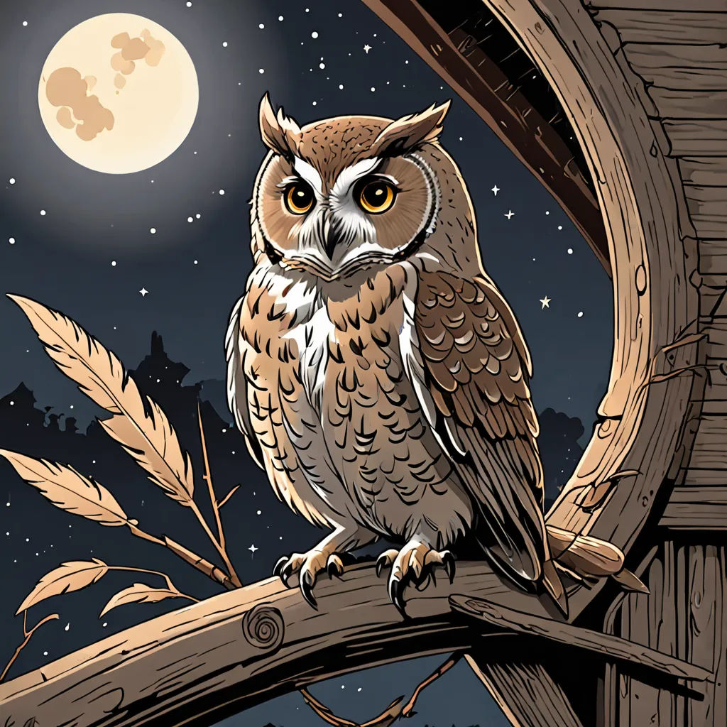 an owl sitting on a branch in front of a full moon and stars sky with a full moon in the background, fantasy art, a storybook illustration, Dan Mumford, storybook illustration