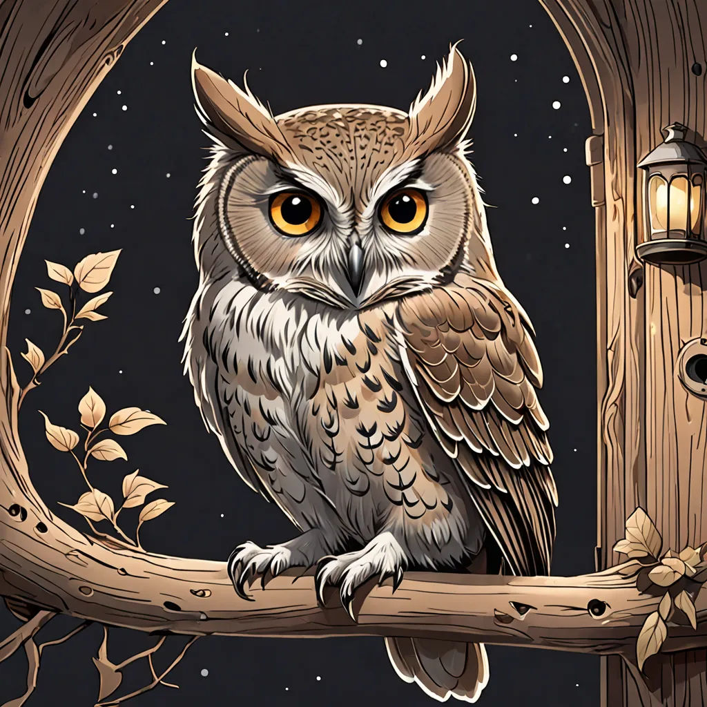 a drawing of an owl sitting on a branch with a lantern in the background and a night sky behind it, fantasy art, a storybook illustration, Dan Mumford, highly detailed digital painting