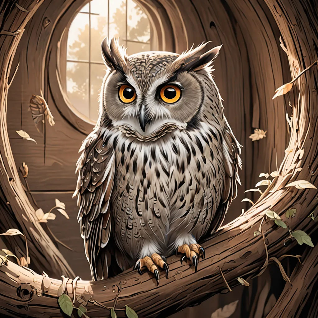 a painting of an owl sitting on a branch with a window in the background and leaves around it,, fantasy art, a storybook illustration, Dan Mumford, highly detailed digital painting