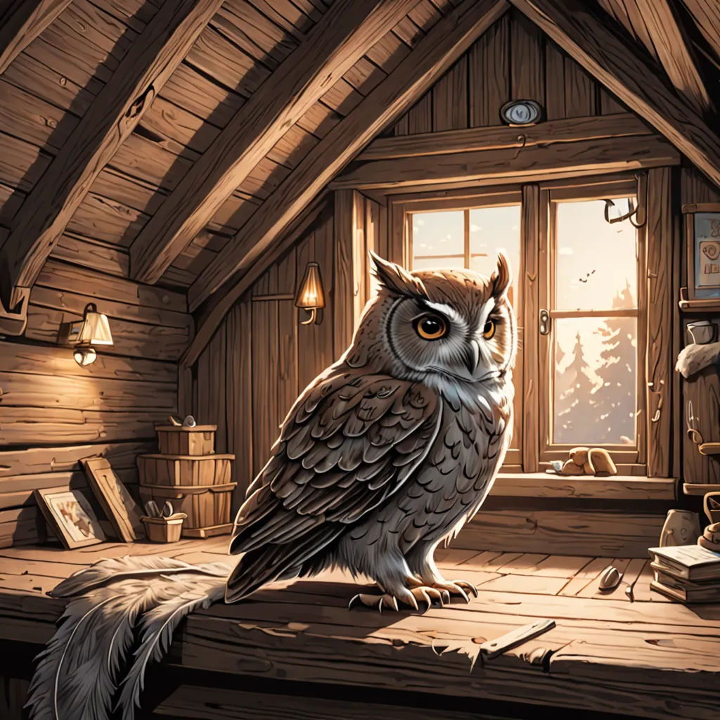 a painting of an owl sitting on a table in a cabin with a window and a bookcase in the background, fantasy art, a storybook illustration, Dan Mumford, storybook illustration