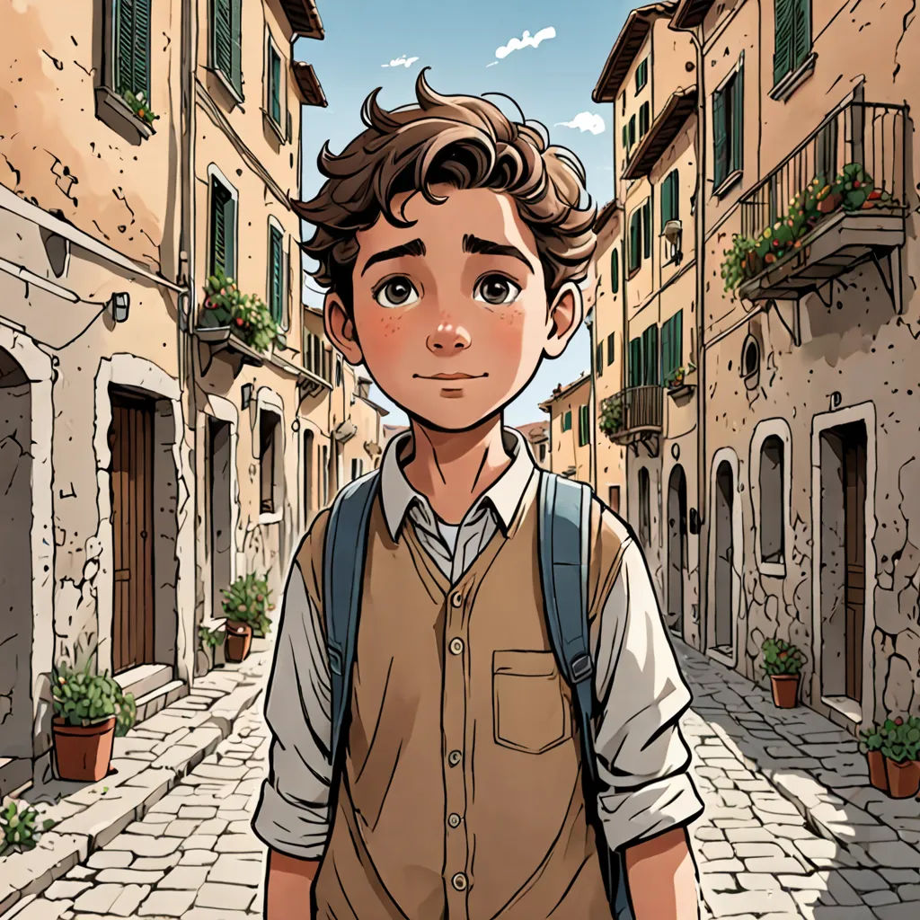 a boy with a backpack is standing in a street in a town with buildings and a potted plant, magic realism, a comic book panel, Achille Leonardi, graphic novel