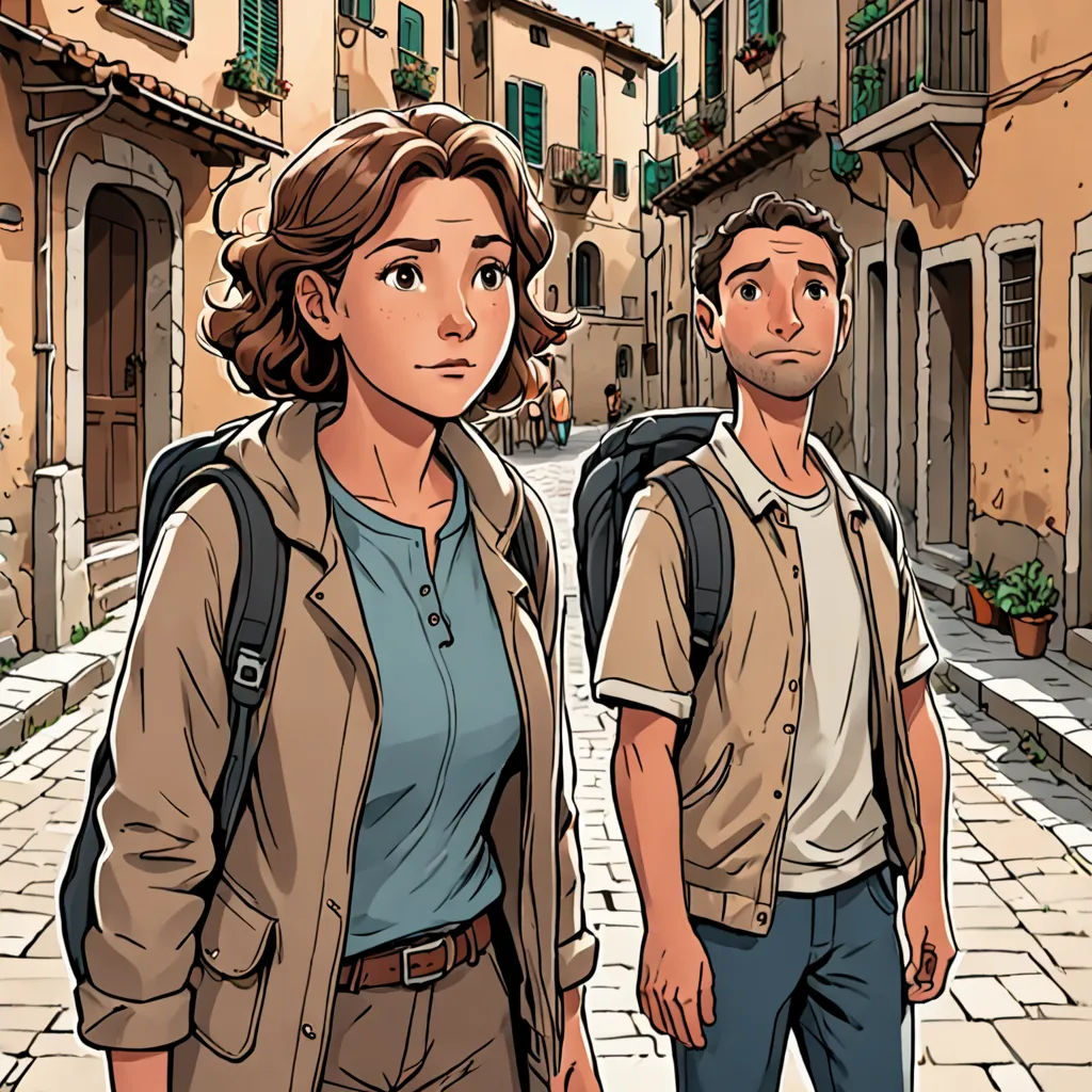 a man and a woman walking down a street in a city with buildings and a clock tower in the background, serial art, a comic book panel, Asaf Hanuka, comic cover art