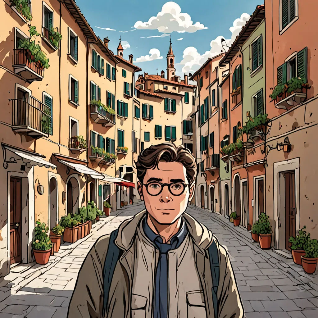 a man in a jacket and glasses standing in a street in a european city with buildings and flowers on the windows, serial art, a character portrait, Diego Gisbert Llorens, official art
