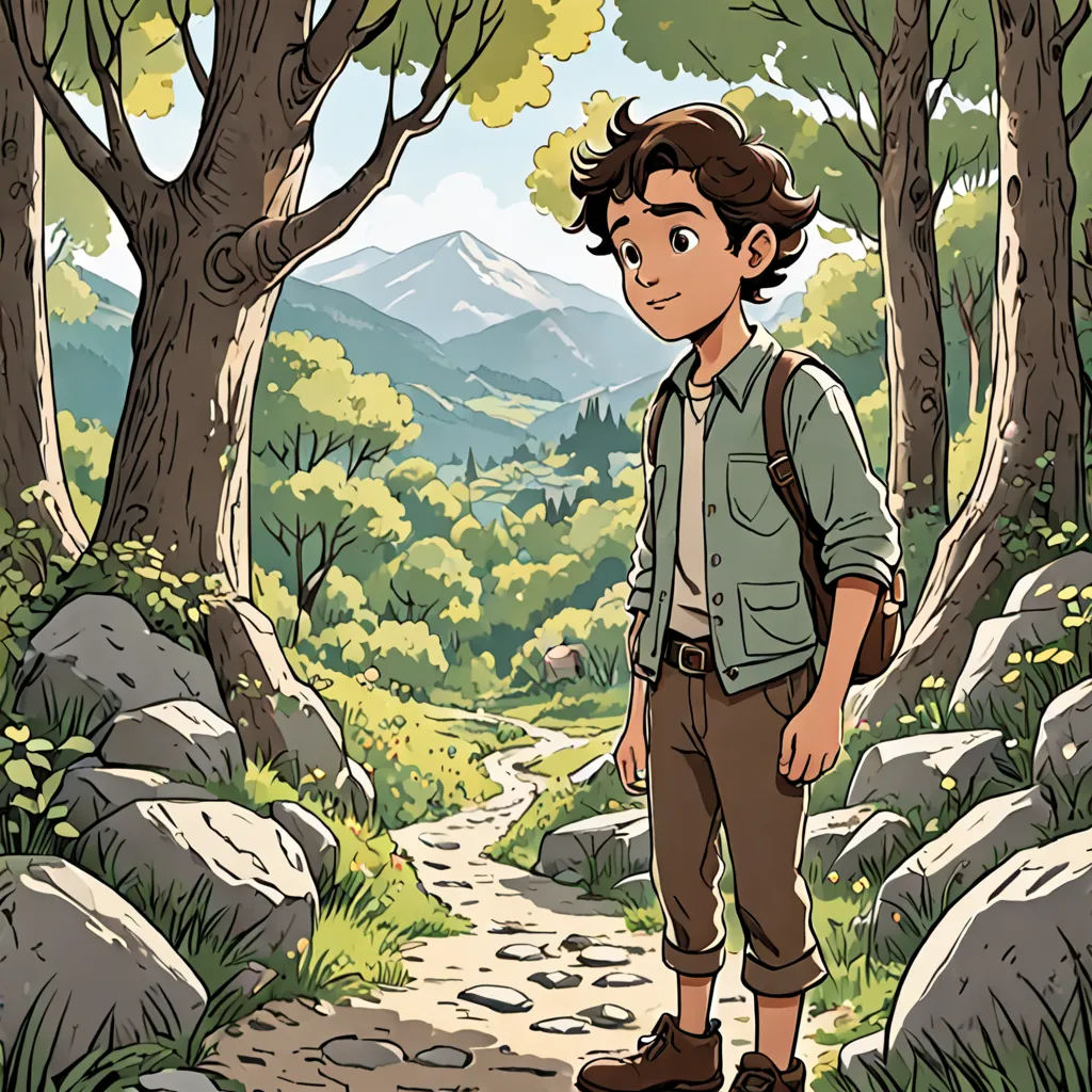 a boy standing on a path in the woods with a backpack on his back and a mountain in the background, environmental art, a character portrait, Cedric Seaut (Keos Masons), comic cover art