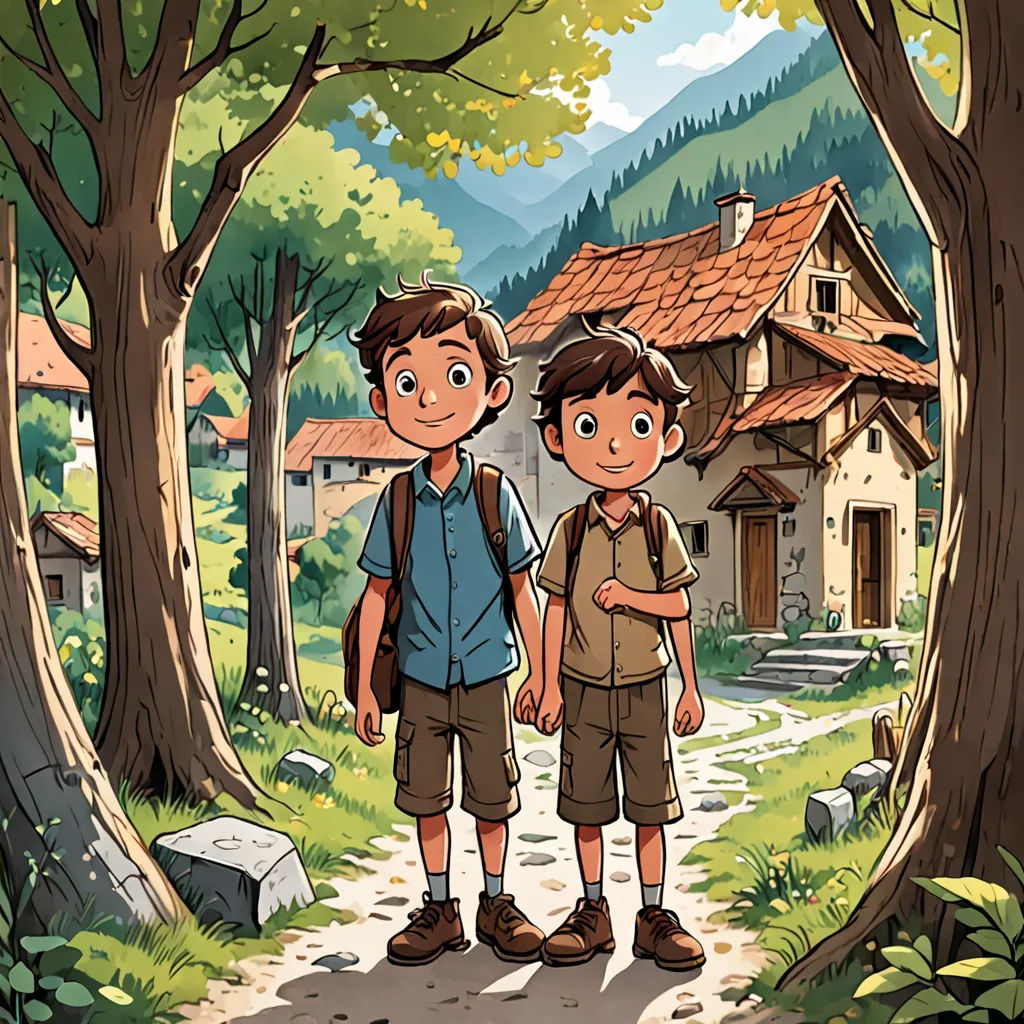 a boy and a boy are standing in front of a house in the woods with a dog on the ground, les automatistes, a storybook illustration, Diego Gisbert Llorens, official art