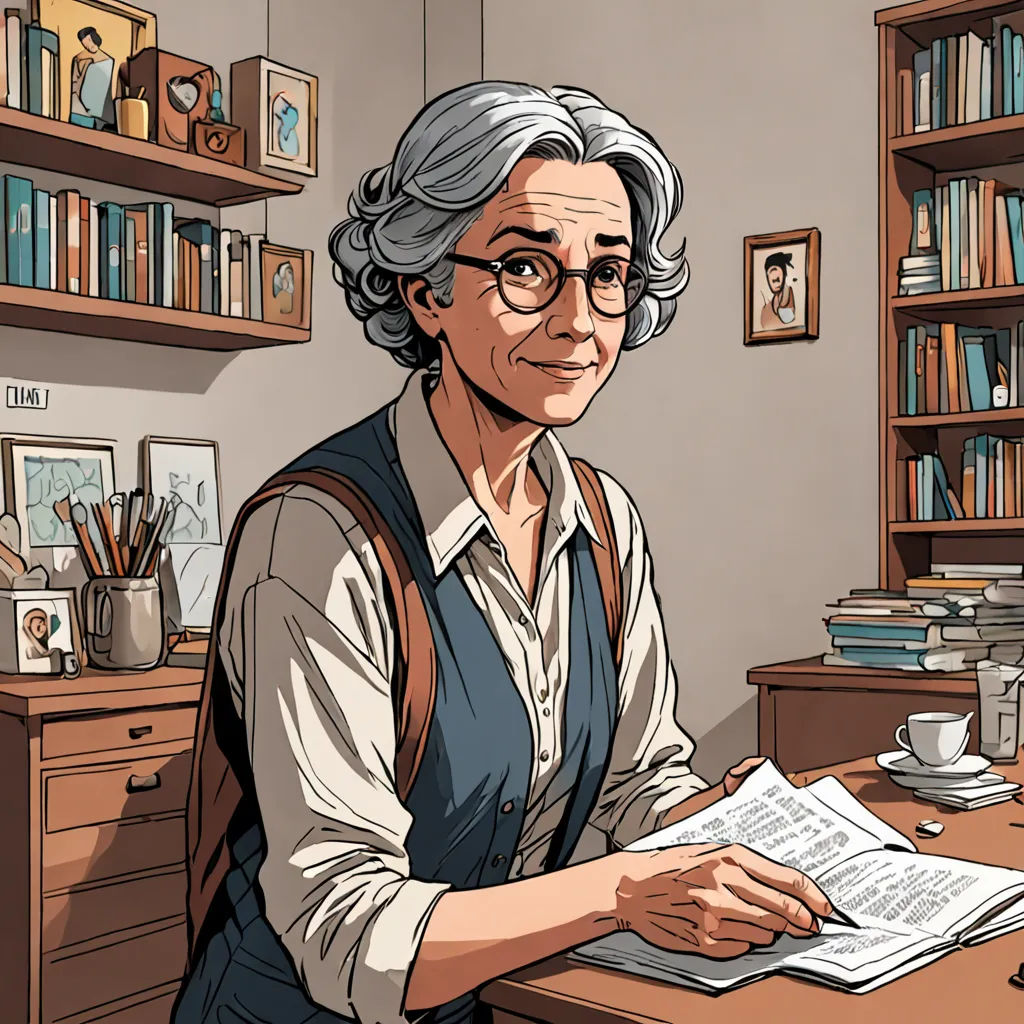 a woman sitting at a desk with a book and a cup of coffee in front of her and a bookcase full of books, academic art, a character portrait, Eva Gonzalès, graphic novel