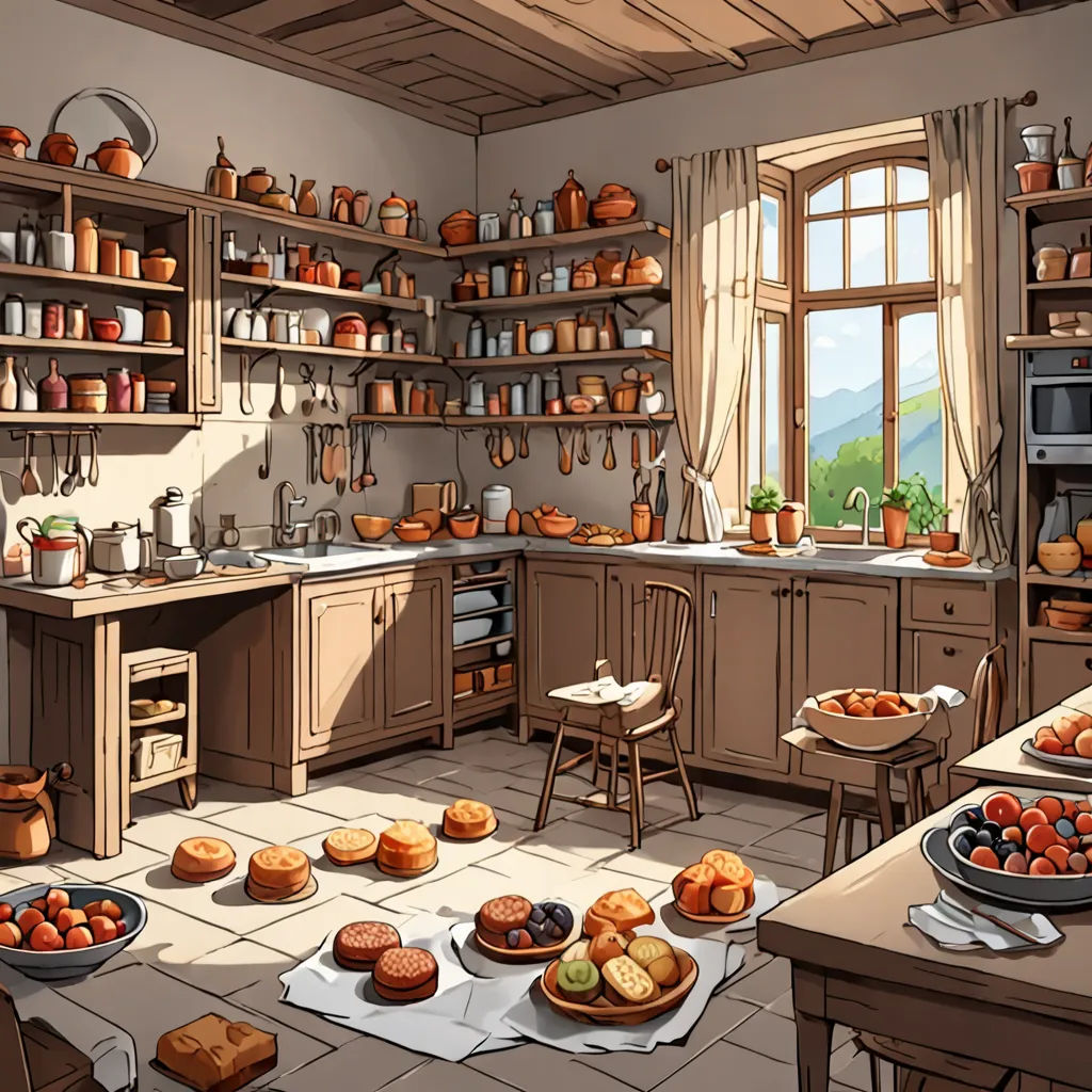 a kitchen with a lot of food on the counter and a lot of pots and pans on the wall, american scene painting, a storybook illustration, Clara Peeters, storybook illustration