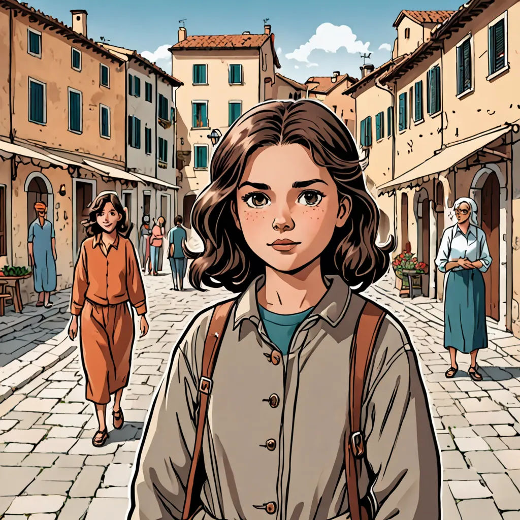 a woman standing in a street with a backpack on her shoulder and a man walking behind her on the other side, fantastic realism, a comic book panel, Elena Guro, graphic novel