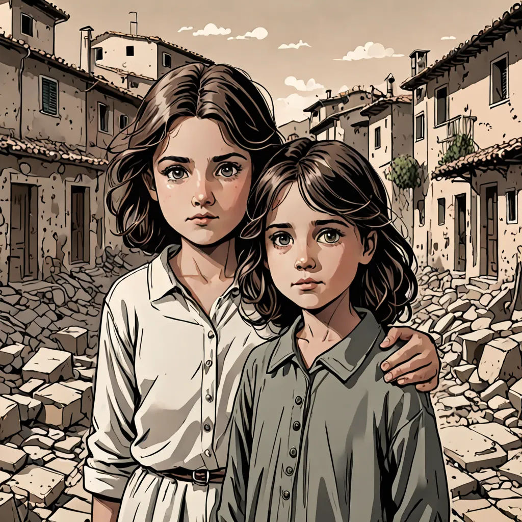 a couple of kids standing next to each other in a street with a building in the background and a sky, serial art, a comic book panel, Ada Gladys Killins, graphic novel