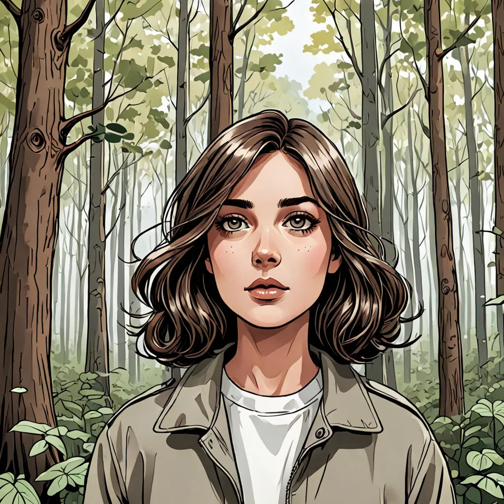 a woman standing in a forest with trees and plants around her, with a green jacket on and a white shirt on, naturalism, a character portrait, Clarice Beckett, comic cover art
