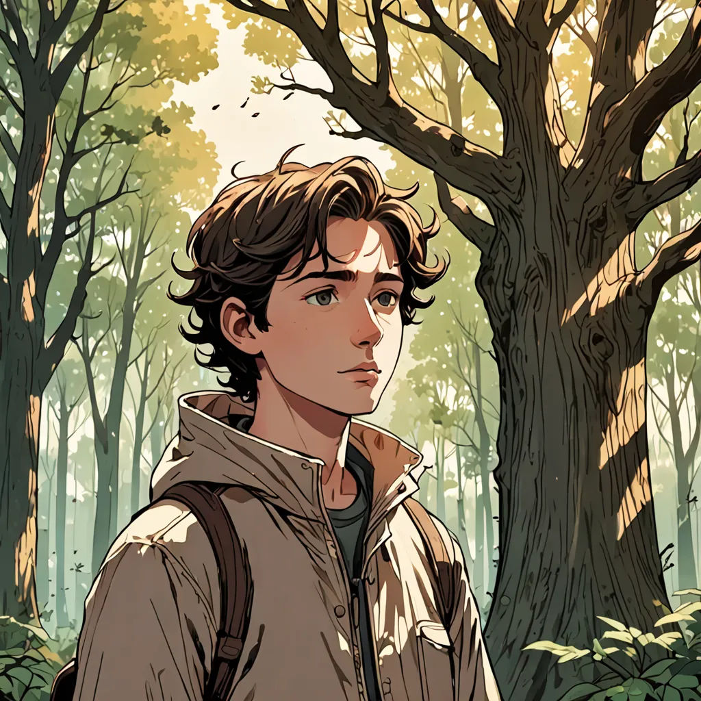 a man standing in front of a tree in a forest with a backpack on his back and a backpack on his shoulder, serial art, a character portrait, Cedric Seaut (Keos Masons), graphic novel